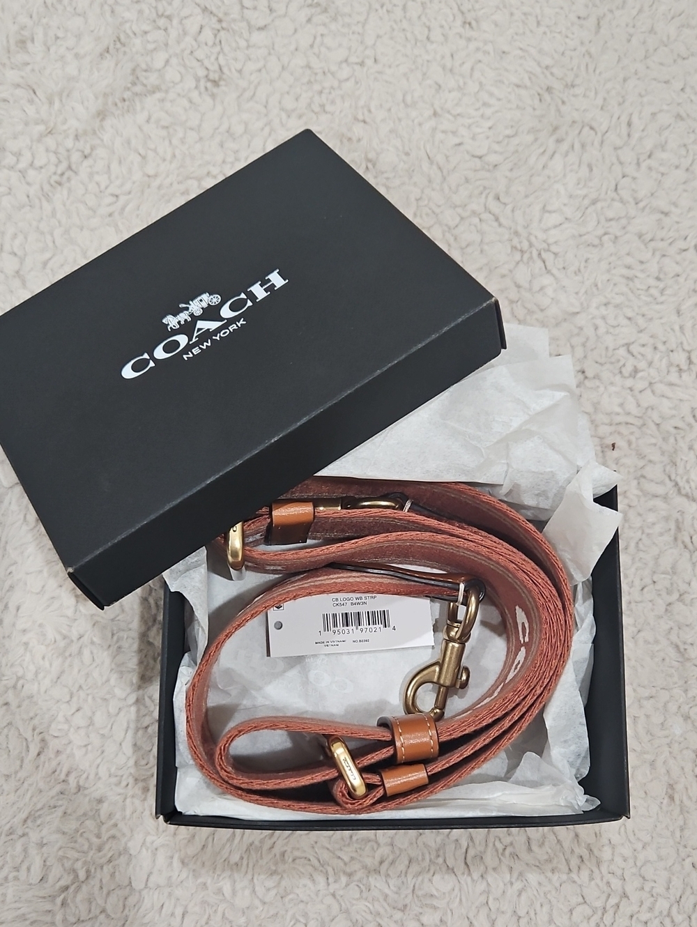 Coach Wide Canvas Strap in Rust with White Logo and Tan Trim